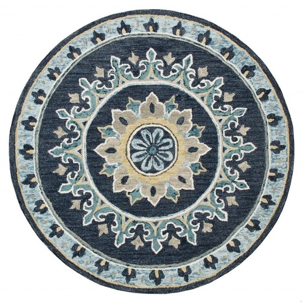 Homeroots 7 ft. Round Blue Floral Medallion Area Rug 396268 - main